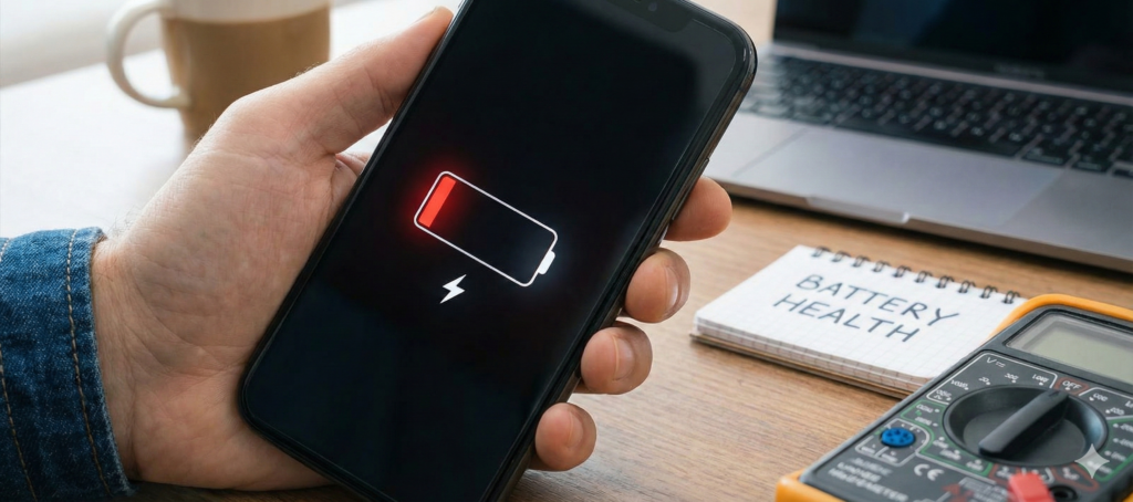 Smartphone affichant une batterie faible en cours de diagnostic technique chez Wefone